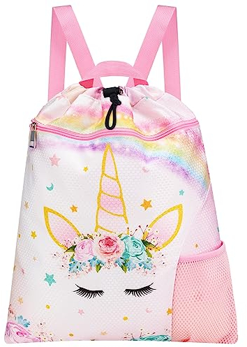 WAWSAM Einhorn Turnbeutel mit Kordelzug - Sportbeutel für Mädchen und Kinder Wasserdichte Schwimmen Strand Gymsack Rucksack Geburtstags mit Tasche für Wasserflasche