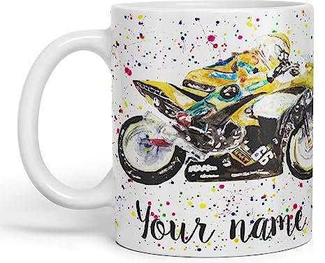 Vixar Personalised with Your Text Motorbike Motocycle Watercolour Art Coloured Ceramic Mug Cup Gift 330ml 11oz Custom Work Office Tea Coffee (White)