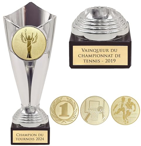 KDO MAGIC - Trophée Personnalisable - Coupe personnalisé avec Gravure - Cadeau fête des pères, noël, Retraite, événement Sportif - Or/Bronze/Argent (Argent, Champion)
