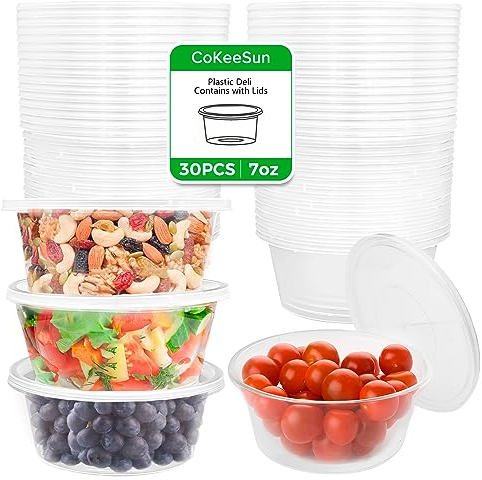 CoKeeSun 30Pcs Small Food Containers with Lids Round, 7oz/200ml Reusable Small Pots with Lids, Leakproof Sauce Pots, Sauces Cups for Jars, Deli Containers for Storage Takeaway Dip Salads Jelly