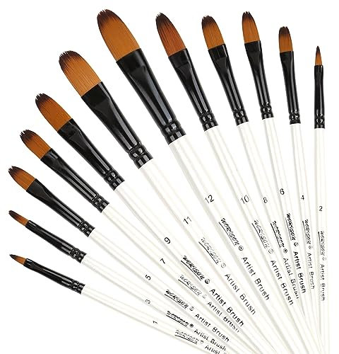 Dainayw 12 PCS Filbert Paint Brushes Set, Artist Brush for Acrylic Oil Watercolor Gouache Artist Professional Painting Kits with Synthetic Nylon Tips White