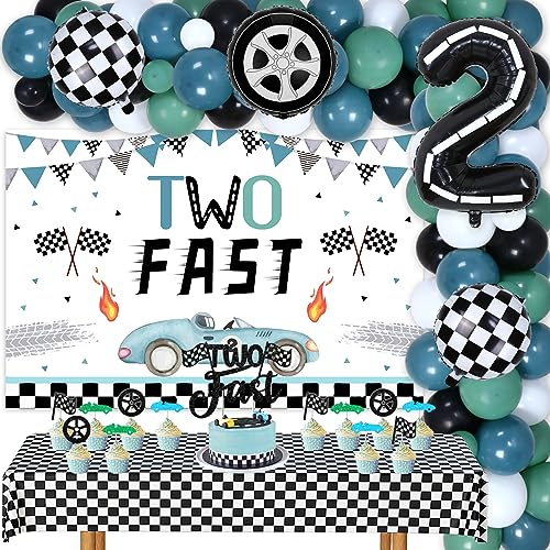 Zwei schnelle 2. Geburtstag Dekorationen für 2 Jahre alten Jungen, Rennwagen Thema 2. Geburtstag Party Supplies - Vintage blau grün Ballons Girlande Kit zwei schnelle karierten Kulisse