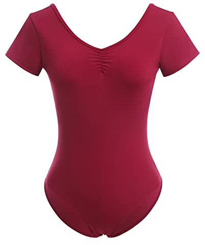 Damen Ballettanzug Ballettbody Sport Yoga Tanz Body Gymnastikanzug Trikot Kurzarm Bodysuit R?ckenfrei Spitze Einteiler Turnanzug Leotards Overall Oberteile Elegant Ballett Kurzarmbody Dunkelrot XL