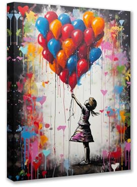 Tucocoo Bilder für Wohnzimmer, bunte Ballonbilder, 1 Stück, Leinwand, Banksy, kleines Mädchen, Wandkunst, Straße, Pop, modernes Kunstwerk, Heimdekoration, Giclée, gerahmt, aufgespannt, fertig zum