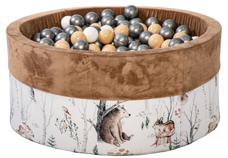 GoldenGroup Baby Forest Friends 90x40 cm Bällebad mit 200 Bällen - Spielzeug - Bällebad aus Samt - Rundes Bällebad aus Schaumstoff - Baby Forest Friends Bällebad -Cappuccino : Weiß, Beige,Silver