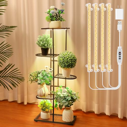 Feekoon Plant Stand with Grow Lights Indoor, Plant Shelf with Full Spectrum Led Grow Light, Timer Function and Brightness Adjustment, Flower Display for Corner Living Room Office (Iron,5 Tiers Shape)