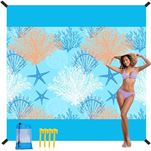 BINXWA Stranddecke Sandfrei,Blau 210 cm x 200 cm Strandmatte Zusammenklappbar Tragbar Wasserdicht und Sanddurchlässige Stranddecke für Camping Picknick Strand Zubehör