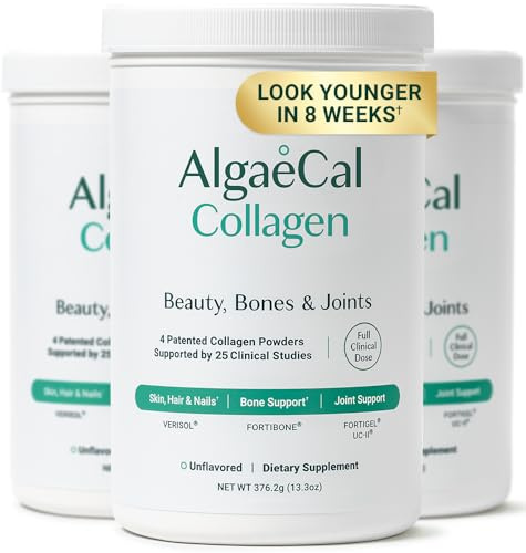 ALGAECAL Kollagen - 4 klinisch unterstützte Kollagen-Peptide VERISOL®, FORTIGEL®, UC-II®, FORTIBONE®, Anti-Aging Hydrolyzed Collagen Pulver, 3 Packungen, Made in USA