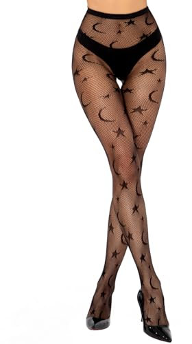 MANZI Netzstrumpfhose Schwarz Muster Netz Strumpfhosen Damen Hohe Taille Elastisch Netzstrümpfe 1 Paar Sterne Mond Muster