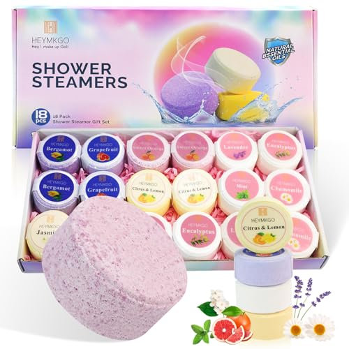 HEYMKGO Shower Steamers, 18 PCS Aromatherapy Shower Tablets Gift Set for Women, 9 Relaxing Scents Shower Bombs with 100% Natural Essential Oils, Relaxation Gift Kit for Stress Relief Gym Home SPA