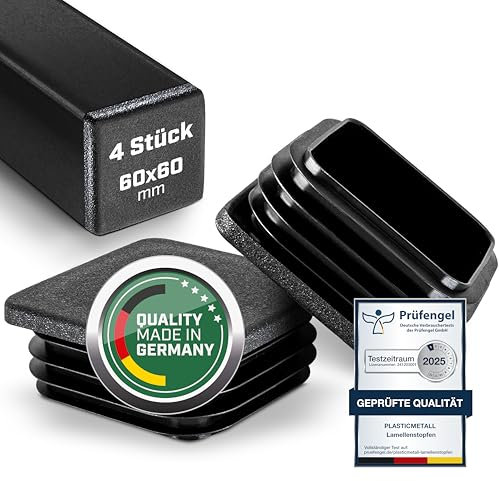 Plasticmetall Lamellenstopfen 60x60 mm aus PE 4 STK. [FUNKENEROSION-Struktur] Rohrstopfen für Aluprofil, Vierkantrohr, zur Rohrabdeckung von Edelstahlrohr, Alurohr, Stuhlbeinkappen, Endkappen, Kappe
