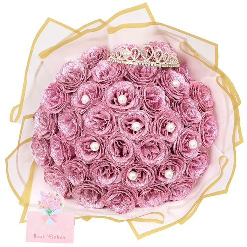 Artificial Glitter Roses Bouquet Pink Flower- 36 Pack DIY Glitter Eternal Bouquet Fake Shiny Floral Bouquet for Engagement Wedding Anniversary Birthday Mother's Day Gifts