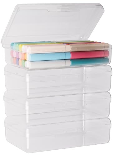 Cookmaster 4 Pack Plastic Pencil Box with Snap-Tight Lid, Large Capacity Hard Pencil Case, Art School Supply Craft Organizer Container for Bead Pens Ribbons Wahi Tape Sticker Yarn Ornaments