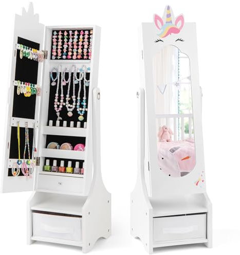 FANTASK Armoire à bijoux 2 en 1 pour enfants - Armoire miroir inclinable avec miroir intégral, tiroir et panier de rangement - Présentoir à bijoux - Miroir de maquillage licorne - 31,5 x 30 x 115 cm -