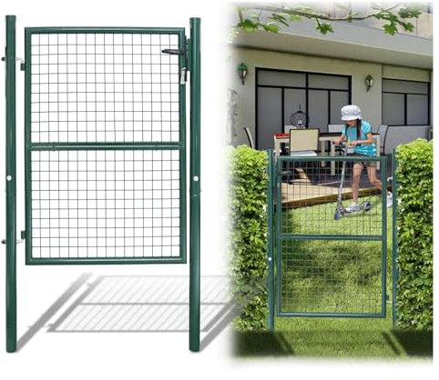 ISOISL Puerta de jardín, puerta de jardín, puerta de valla, puerta de patio de acero galvanizado, incluye cerradura picaporte y 3 llaves, valla impermeable, resistente y duradera