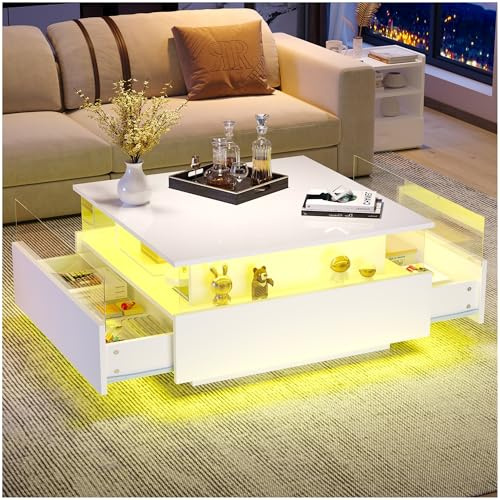Sapgaks Table Basse Moderne LED Haute Brillance avec 2 tiroirs et Zone de présentation Transparente,Table Basse Salon 70x70x41cm,Meuble de Salon Moderne,Peut Supporter jusqu'à 30 kg,Blanc