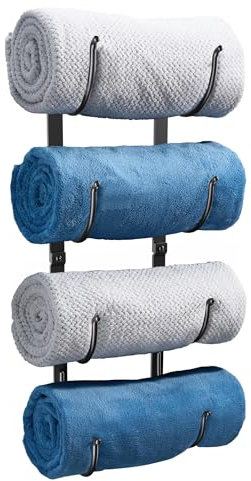 Porte-Serviettes Mural Salle de Bain 4 Niveaux – Support en métal Noir pour Serviettes roulées, couvertures, draps de Bain – Rangement Suspendu Gain de Place pour WC, Placard, Camping-Car