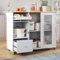 Zepneiy Desserte de Cuisine 112×69×91cm, desserte de Salle à Manger Pliable, placage chêne, avec Porte coulissante en Verre trempé, étagères réglables, desserte Mobile, Blanc