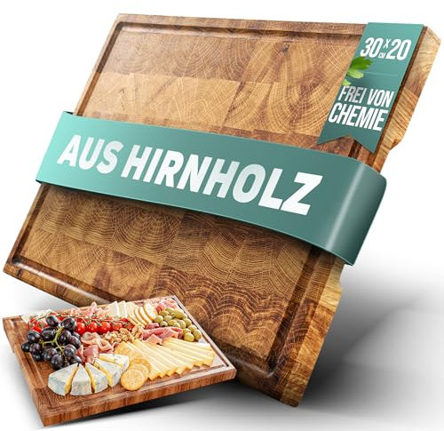 Stirnholz Schneidebrett [Eiche] Hochwertiges Holzschneidebrett, groß & massiv – Hirnholz-Küchenbrett mit tiefer Saftrille, rutschfestes & messerschonendes Holz – 20x30x4 cm | Reelken