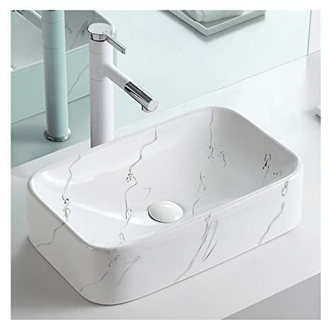 PUFAHAU Vasque De Salle De Bain en Marbre, 48 X 29 Cm, Rectangulaire, en Céramique, Blanche, pour Meuble-Lavabo.