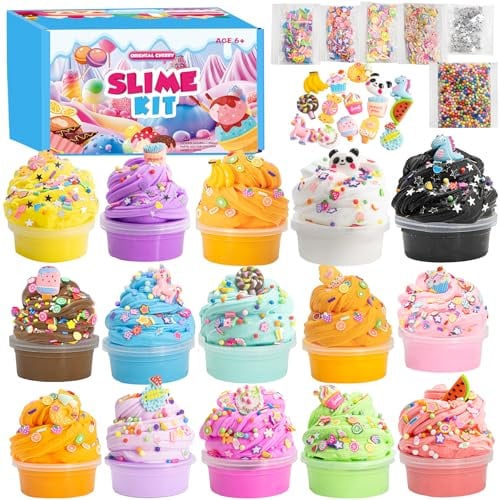 Schleim Kinder, 15 Pack Slime Set, Mädchen Geschenke 8 Jahren, DIY Butter Slime, Glitter, Charms, Fruit Slices Basteln Mädchen, Enschulung Geschenk Mädchen 6 7 8 9 Jahre, Schultüte Füllung