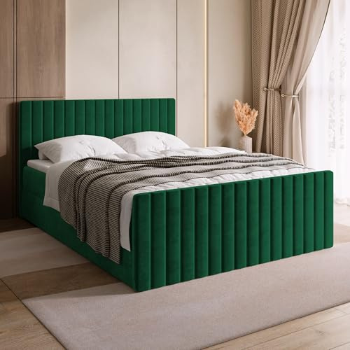 BROMARKT Boxspringbett 140x200 mit Bettkasten Topper Härte H3 Grün | Doppelbett mit Bonellmatratze gepolsterte Kopfstütze Fußteil Polsterbett Bett Bed Jugendbett Einzelbett hinterteil DREAM DUO