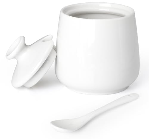 Cyimi Ceramic Sugar Bowl White Sugar Jar, Porcelain Sugar Pot with lid and Spoon, Salt Container for Coffee Bar, Seasoning Conditment for Home Kitchen, 9 oz/ 255 ml
