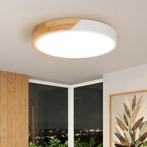 Kambo Plafoniera LED Soffitto 24W 2400LM, Luce Legno Bianco Rotonda Ø30cm