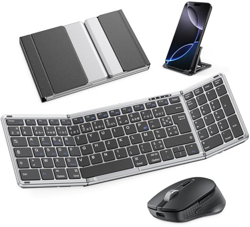 OMOTON Tastiera e mouse wireless Bluetooth pieghevole AZERTY, grigio siderale | Tastiera digitale, ricaricabile, full-size portatile Keyboard e supporto incluso per Android Windows iOS Mac iPad Tablet PC