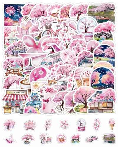 QLEUIFT 50 PCS Sakura Scrapbook Sticker, Pink Cherry Blossom DIY Dekoration Aufkleber für Scrapbooking, Bullet Journal, Album, Handyhülle, Laptop, Kartenherstellung