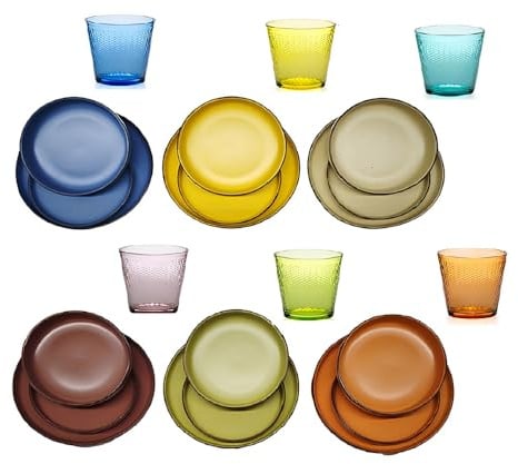 Servizio di Piatti e bicchieri colorato completo per 6 persone 24 Pezzi piatto in Stoneware Colorato 6 Bicchieri in Vetro 35cl Arcobaleno Piatti Piani Fondi Frutta per una Tavola dal Design Moderno
