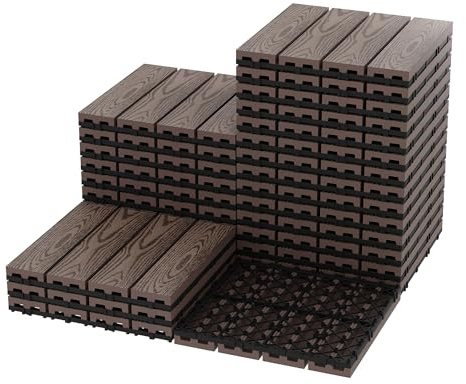 Decking Tiles 27 Pcs, 30 x 30 cm Interlocking Deck Tiles, Waterproof Wood Plastic Composite Flooring Tiles, All Weather Use for Indoor & Outdoor, Patio, Balcony, Garden, Terrace and Hot Tub
