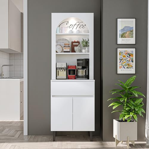 ROOMART Küchenbuffet VENEDIK 60 cm – Hochschrank mit LED, offener Bogennische, Schublade & 2 Türen – Buffetschrank Aufbewahrungsschrank Küche Esszimmer – 4 Farben wählbar (Weiß)
