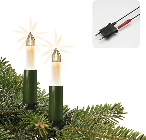 hellum Lichterkette Weihnachtsbaum Made-in-Germany, Tannenbaum Lichterkette mit Clip, 15 Kleinschaftkerzen, beleuchtete Länge 980cm, Kabel grün Schaft weiß, für innen mit teilbarem Stecker 831641