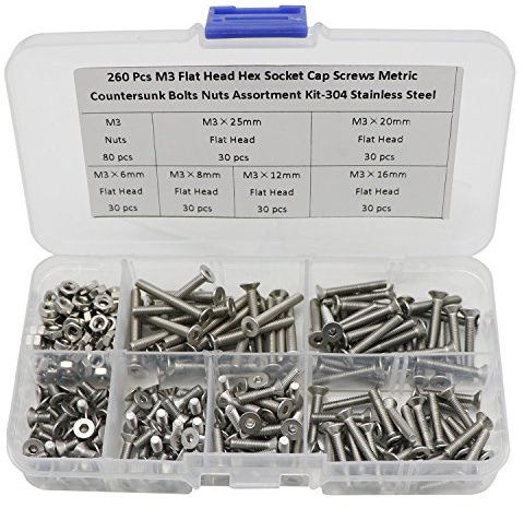 M3 Hex Socket Flat Head Screws with Nuts, 304 Stainless Steel, 260Pcs