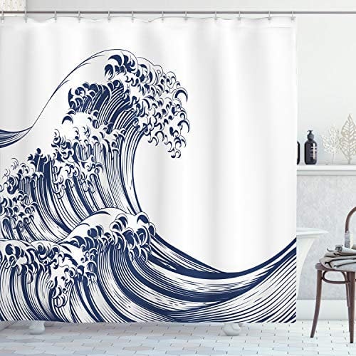 ABAKUHAUS Vague Japonaise Rideau de Douche, Vintage Oriental, Tissu Ensemble de Décor de Salle de Bain avec Crochets, 175 cm x 240 cm, Bleu Marine Blanc
