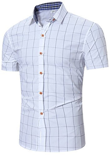 Chemise Homme à Carreaux Manches Courtes Slim Fit Infroissable sans Repassage Pas Cher T Shirt De Business (XL, Blanche)