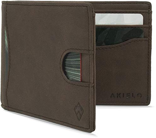 AKIELO Portefeuille RFID Blocage à Rabat avec Coffret Cadeau – Porte Cartes Élégant avec Languette – Porte Cartes Homme (Delta - Édition Moka Foncé)
