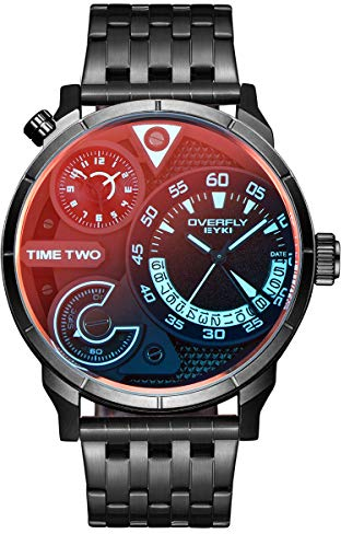 Alienwork Armbanduhr Herren Schwarz Edelstahl Metallarmband Kalender Datum Multi Zeitzonen XL Große