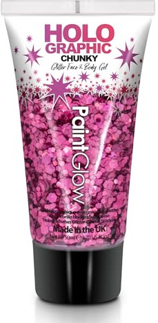 Chunky Cosmetic Glitter gels 50ml for face, Body & Hair from PaintGlow (Vegan) (Princess Pink)