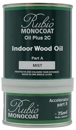 Rubio Monocoat Oil Plus 2C Wood Finish, 14 m² - Mist | Quick-Dry, Eco-Friendly Linseed Formula for Indoor Surfaces | Includes Accelerator (Part B) | Protector | 350 ML