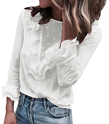 Xmiral Camicia Blusa Donne Camicette Manica Lunga Pieghe Chiffon con Scollo O Camicetta da Donna Casual in Pizzo a Pois o Collo t-Shirt Manica Lunga (S,Bianca)