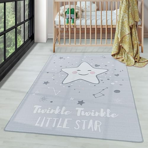 Carpettex Kurzflor Kinderteppich Mädchen und Jungen 160 x 230 cm Grau - Sterne Design Teppich Extra Weich und Antiallergen - Waschbarer Teppich für Kinderzimmer, Babyzimmer und Spielzimmer