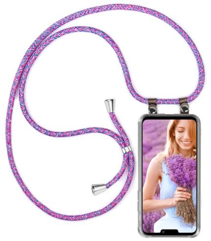 moex Handykette für LG G8 ThinQ Hülle mit Band abnehmbar, Handyhülle mit Kette zum Umhängen, Handyband 155 cm lang Stoff Kordel Umhängehülle, Handy Umhängeband, Lila Pink