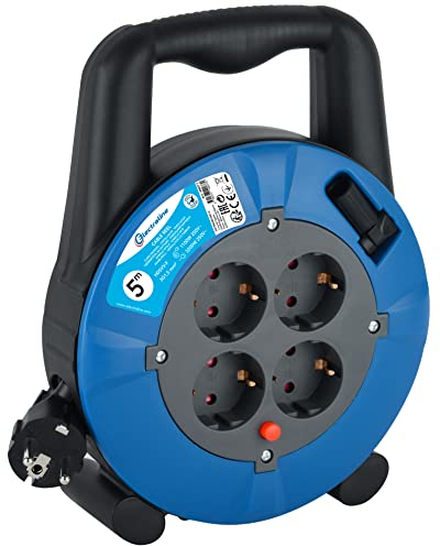 Electraline 49077 Kabeltrommel H05VV-F 3G1,5 5M Kabel - IP20 Indoor / Kabelrolle mit 4 Schuko-Steckdosen / Kabelbox mit Verlängerungskabel / Leitungsroller mit Kurbel 5 M