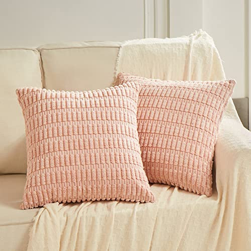 Fancy Homi Dekorative Kissenbezüge für Wohnzimmer, Sofa, Bett, rustikaler Bauernhaus-Stil, Boho-Wohndekor, weicher gestreifter Cord-Kissenbezug, quadratisch, Altrosa, 55 x 55 cm, 2er-Pack