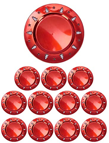 Generico 12x Sottopiatti Bordo INCISIONE ALBERI NATALE Colore Rosso Bordo Liscio Tondo 33 cm cenone sotto Piatto Natalizio Capodanno Cena Aperitivo