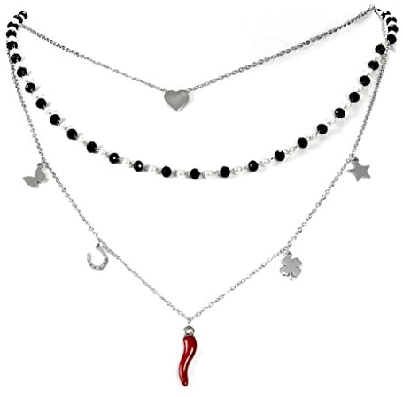 Flowers Collana Multifilo Portafortuna in Acciaio. 3 Fili con ciondoli Corno Rosso, Cuore e Stella, Cristalli sfaccettati e Colorati. Elegante Idea Regalo (Argentato Nero e Perline)