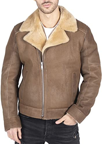 Mens Genuine Sheepskin Leather Cross Zip Flying Aviator Jacket Camel Brown Fur - Camel Large