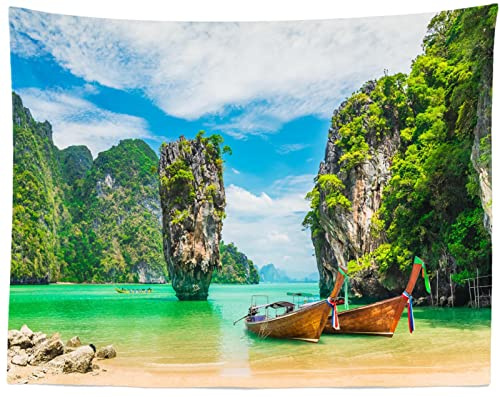 CORFOTO 180x120CM Naturszene Wandteppich Thailand Landmark Hintergrund Insel Sea Boat Berge Wandteppich Wandkunst Schlafzimmer Wohnzimmer College Dorm Home Decor Hängende Wandkunst